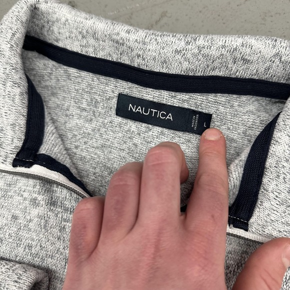Nautica Sweater Mens Large Gray 1/4 Zip Mock Neck Knit Pullover Logo Casual - Picture 5 of 8